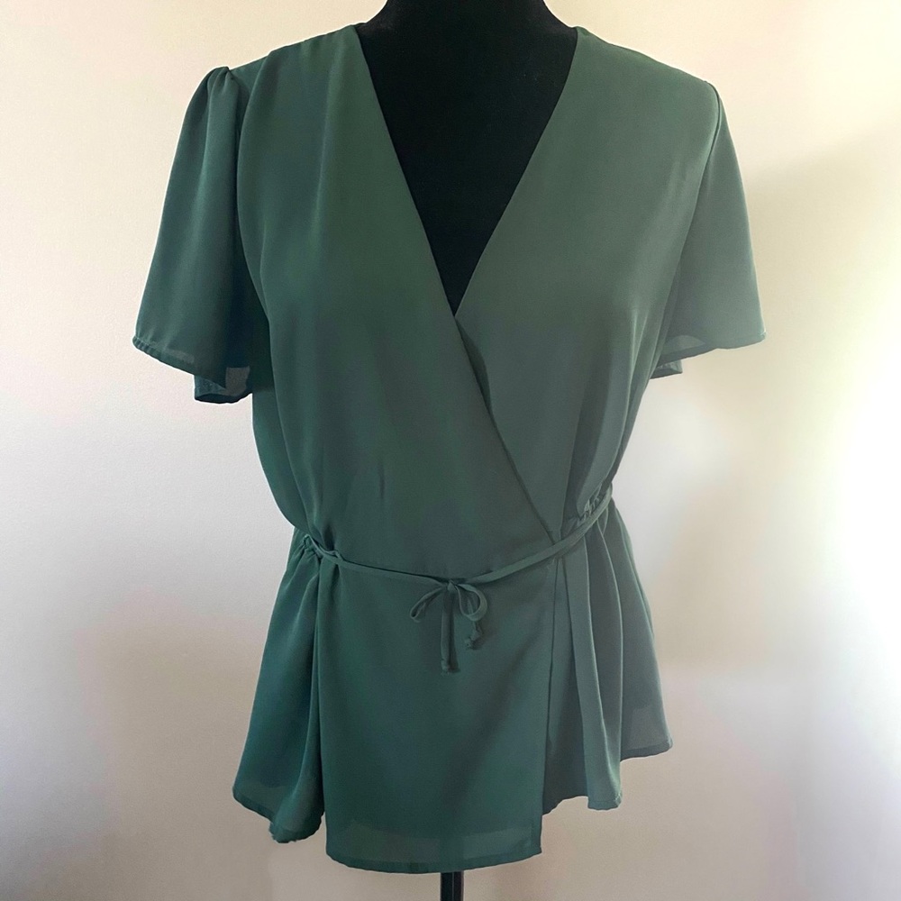 Lily White Green Holiday Christmas Wrap Blouse